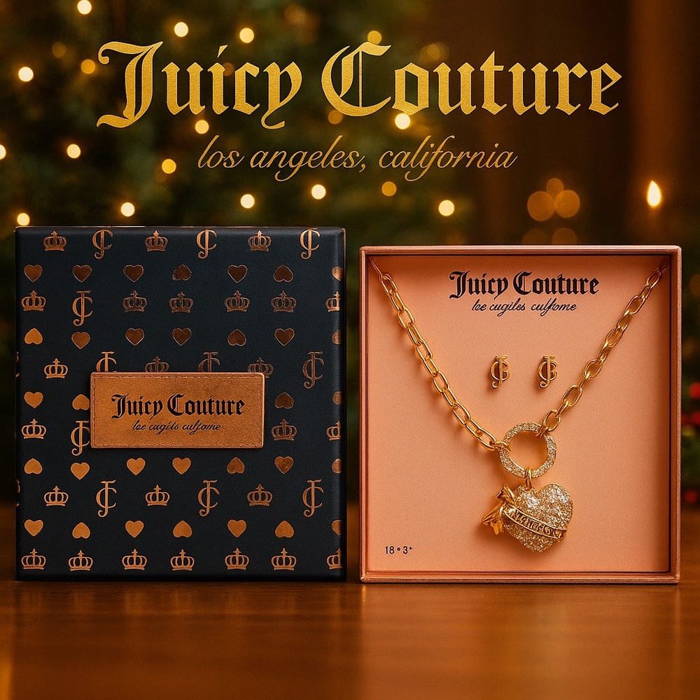 ✨JUICY COUTURE Gold Heart & Logo Charm Necklace & Earring Set – NIB | MSRP $60✨